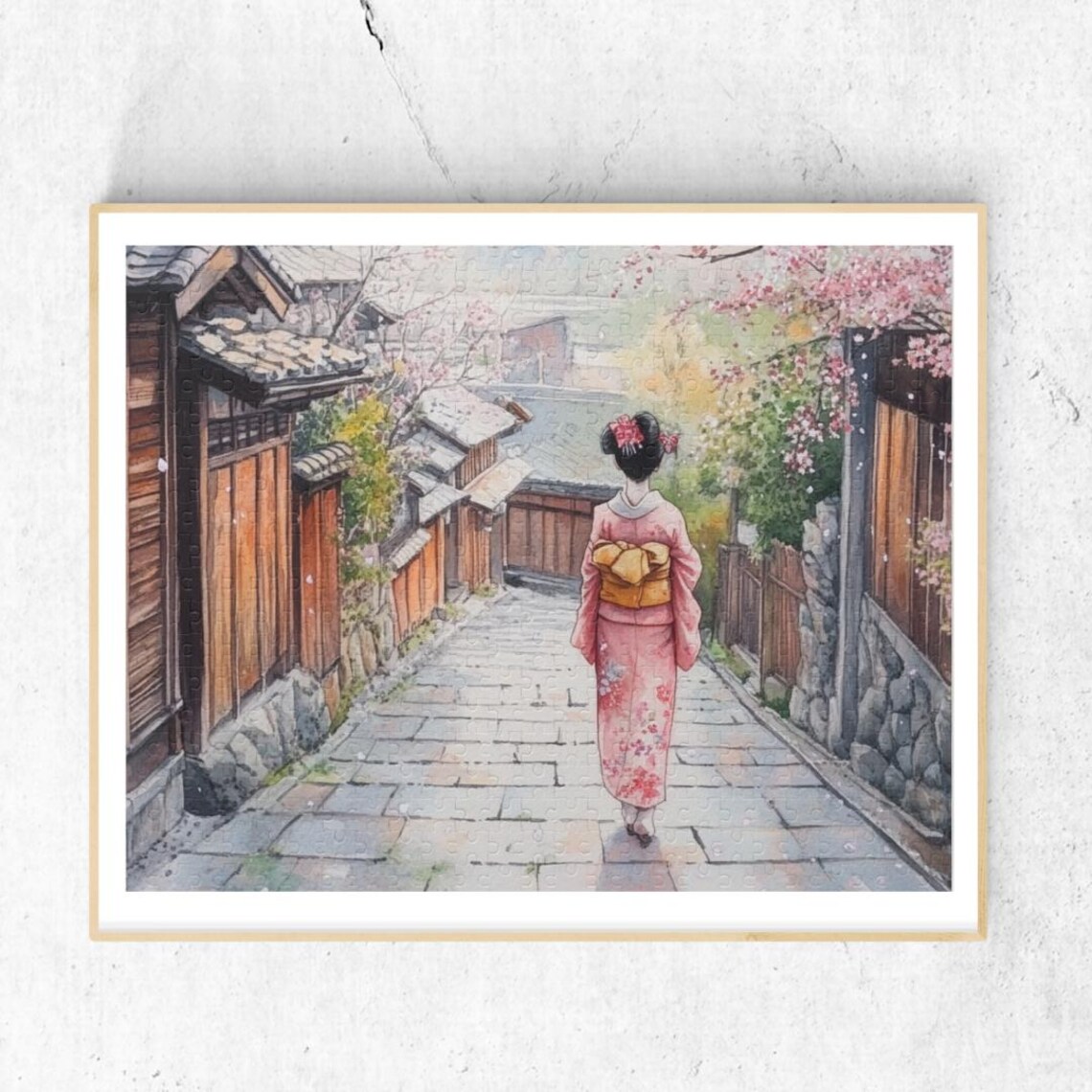 Maiko In Kyoto Watercolor Poster With Cherry Blossom Lane And Kimono