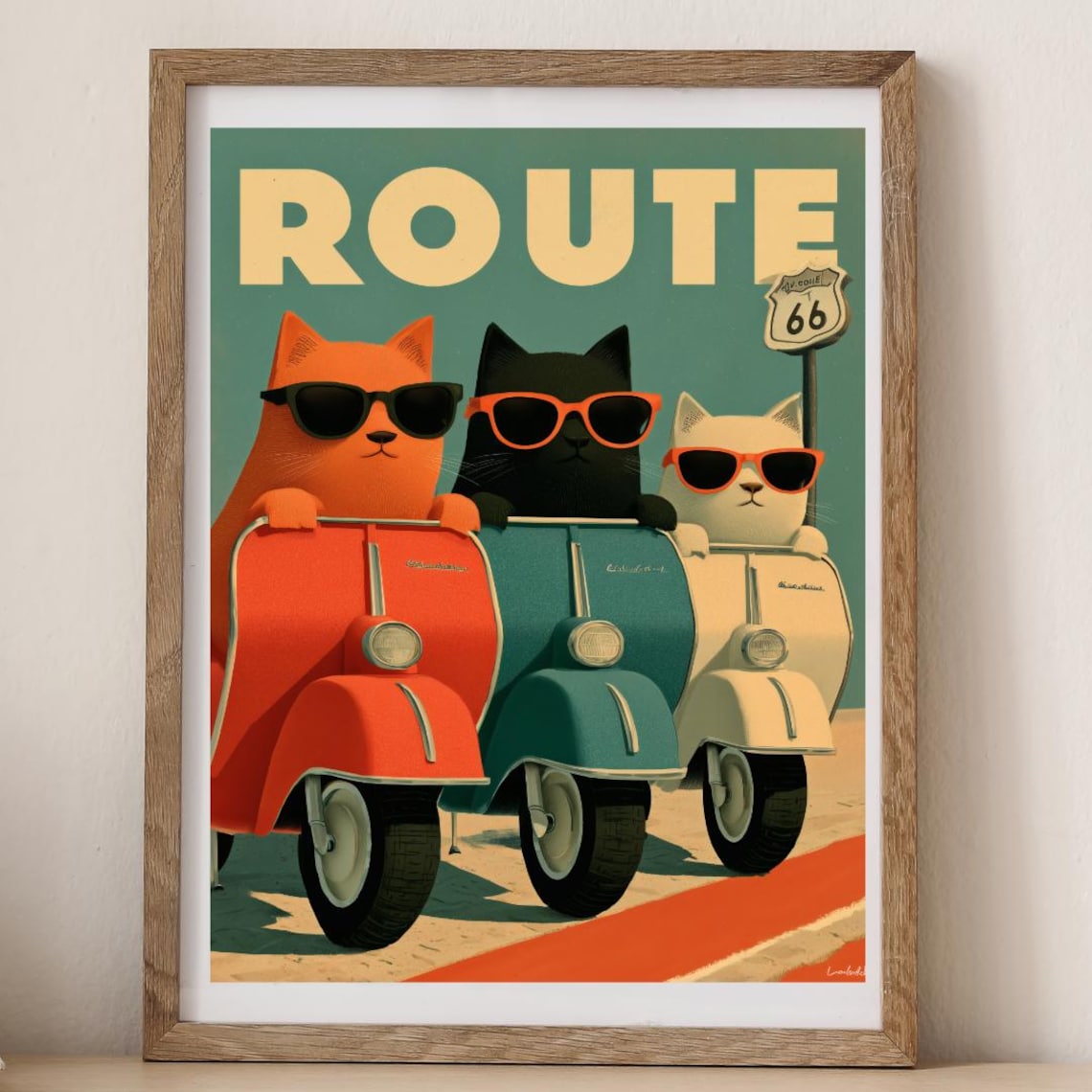 Three Cats On Scooters Retro Route 66 Road Trip Travel Poster