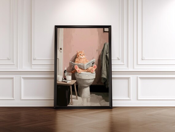 Orange Tabby Cat Reading Newspaper On The Toilet Funny Wall Art