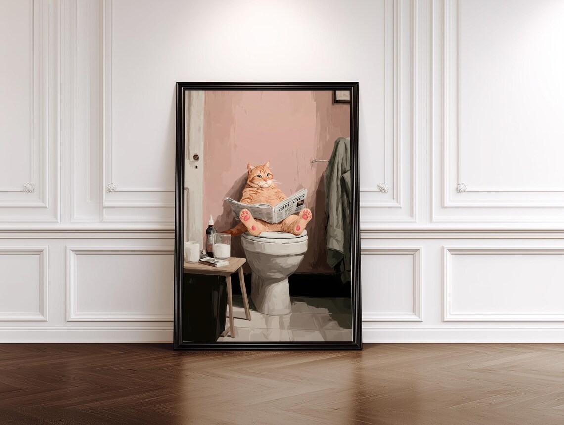 Orange Tabby Cat Reading Newspaper On The Toilet Funny Wall Art