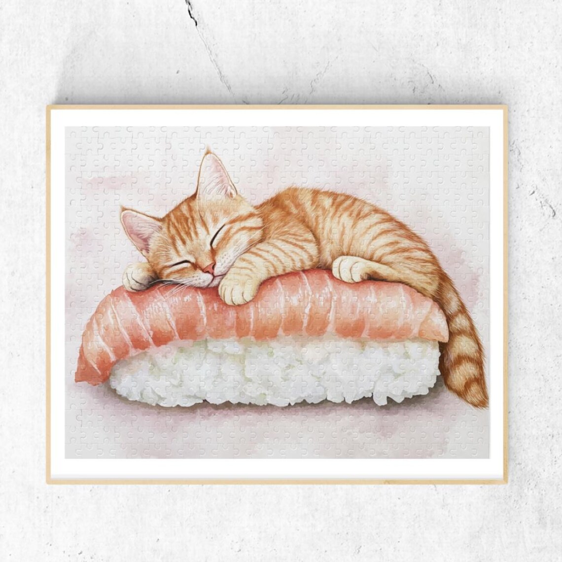 Sleeping Tabby Cat On Salmon Sushi Funny Wall Art With Watercolor Style