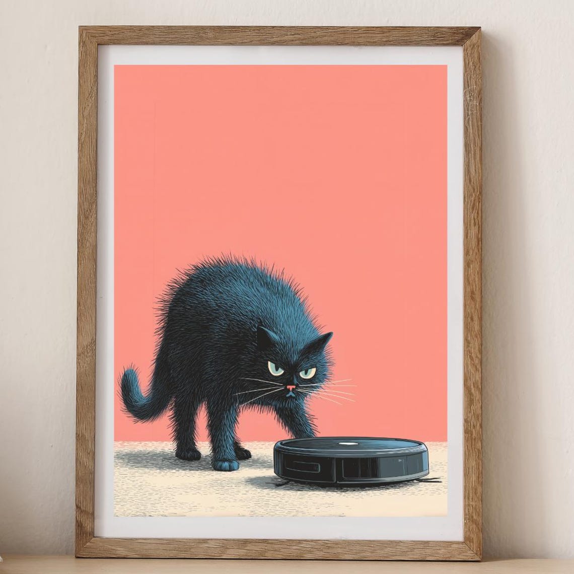 Startled Black Cat Versus Robot Vacuum Humorous Modern Poster