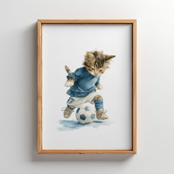 Soccer Kitten Watercolor Art For Boys Room 5 Sizes Included