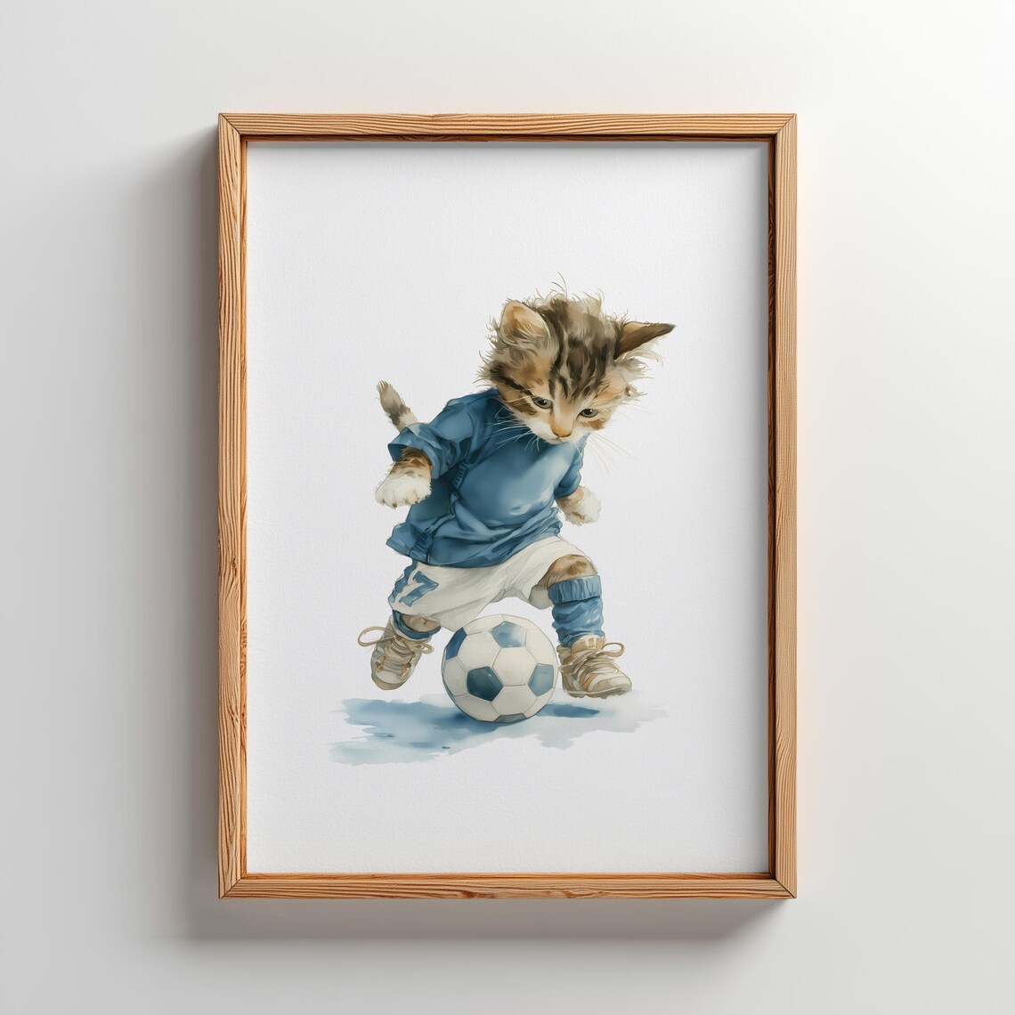 Soccer Kitten in Blue Jersey Watercolor Kids Room Wall Poster