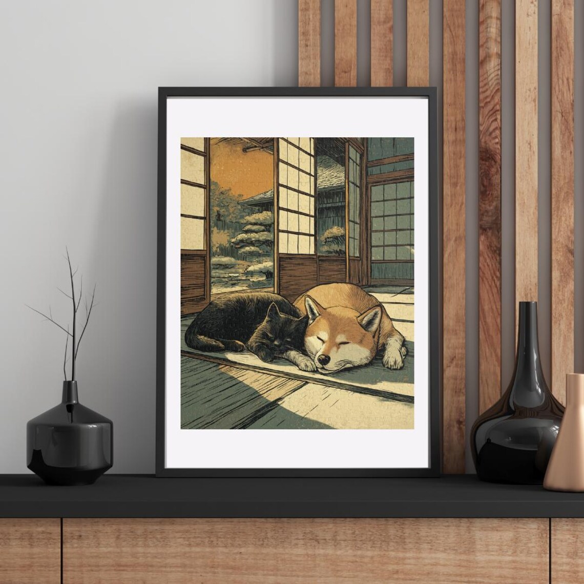 Black Cat and Shiba Inu Napping on Japanese Veranda Art Poster
