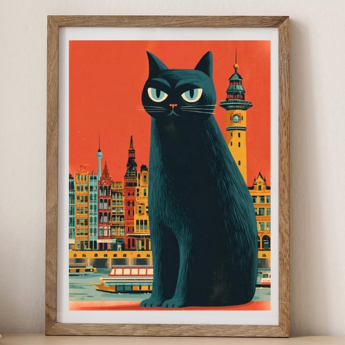 Giant Black Cat Over Sunset City Skyline Retro Orange Travel Poster