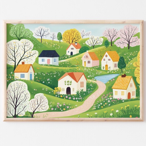 Colorful Spring Village Rolling Hills Cottages Bloom Travel Poster