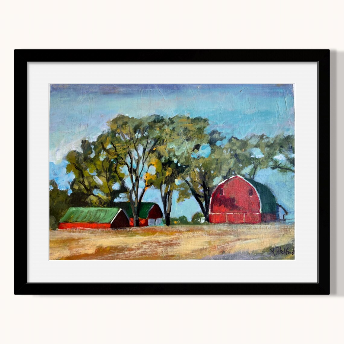 Red Barn and Green Roofed Outbuildings in a Golden Field Poster