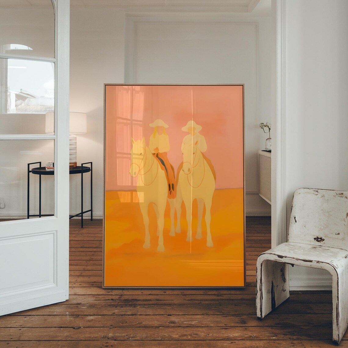Western Cowboy Horse Riders Sunset Orange Minimalist Art Poster