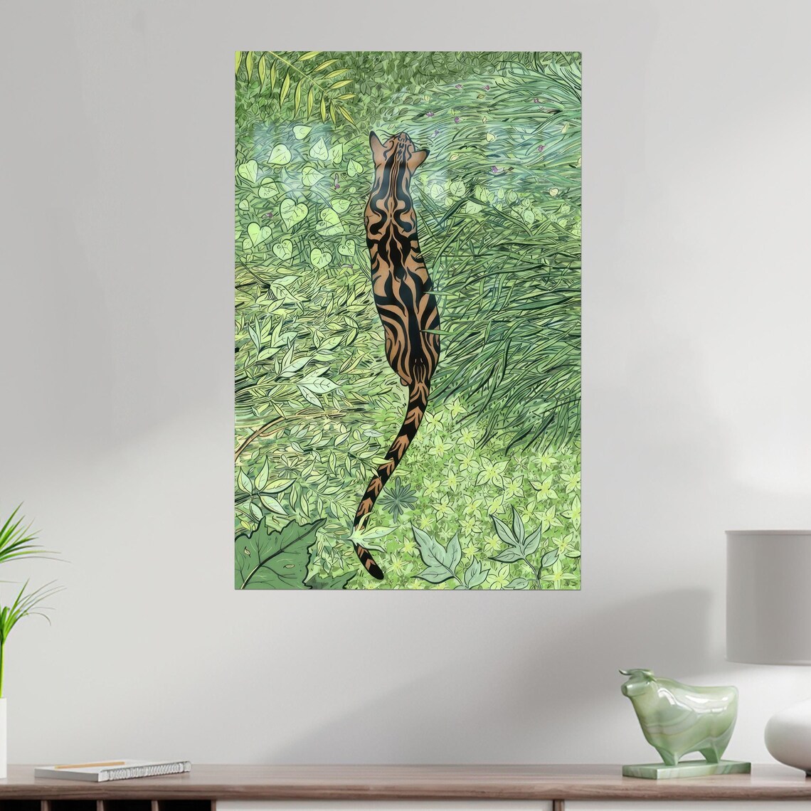 Bengal Cat Stretching Jungle Green Foliage Botanical Cat Lover Decor Poster