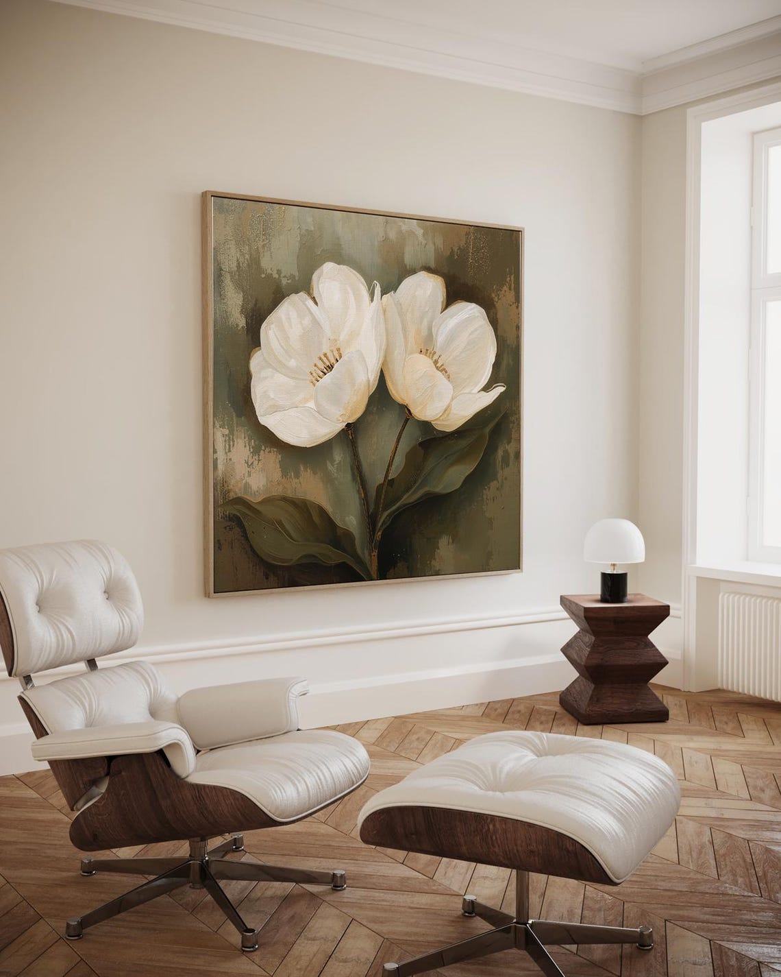 White Flowers Beige Green Expressive Brushstroke Floral Wall Art