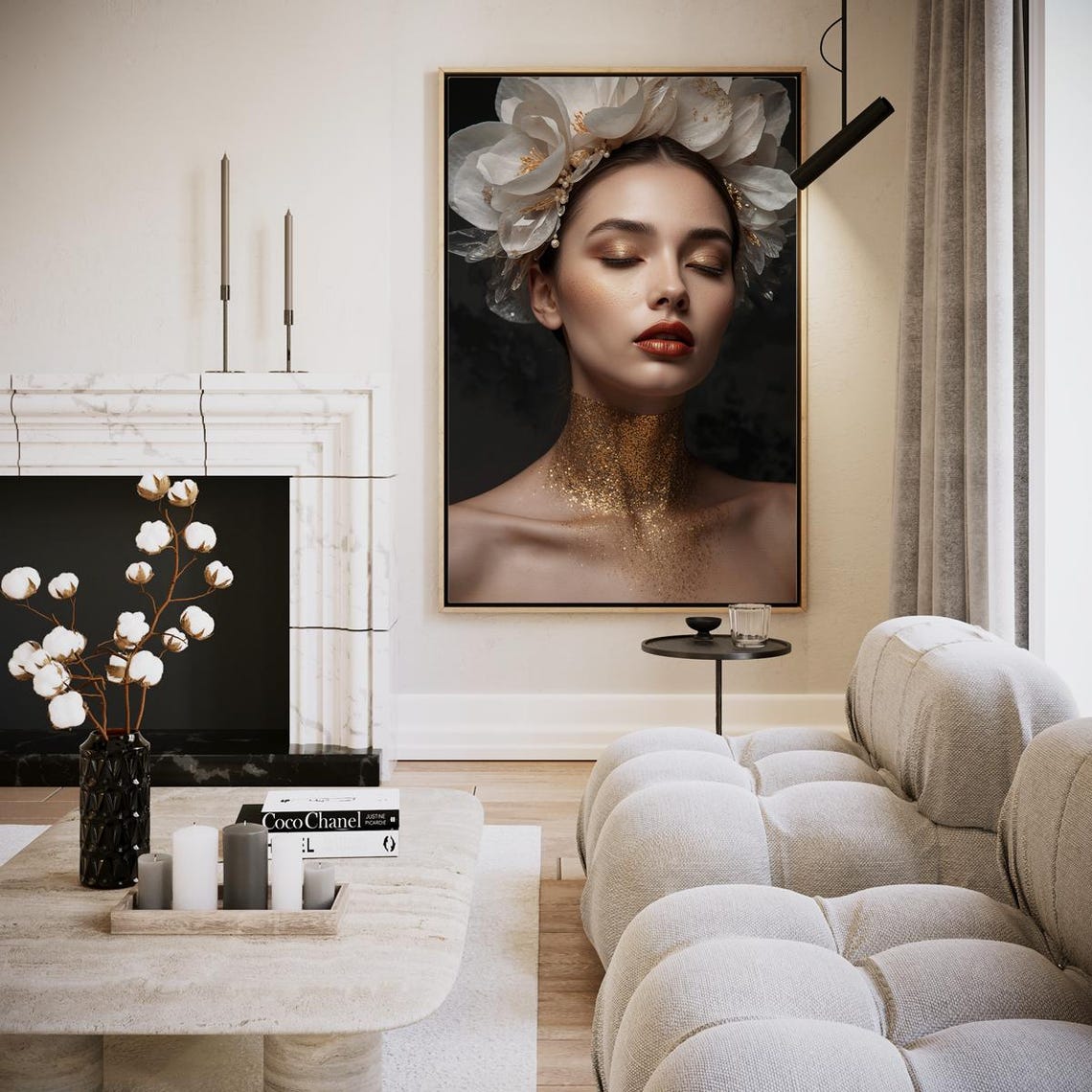 Heavenly Elegance Golden Woman Floral Crown Glitter Portrait Poster