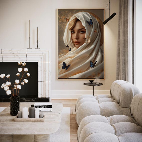 Female Portrait Butterflies And Silk Artwork Wall Art