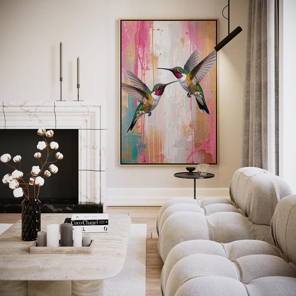 Two Hummingbirds Facing Abstract Pink Teal Splash Art Poster