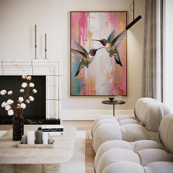 Two Hummingbirds Facing Abstract Pink Teal Splash Art Poster