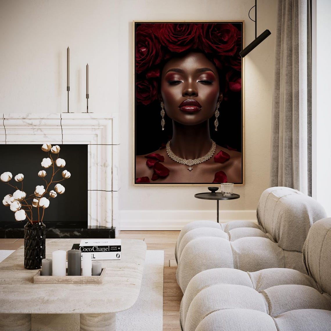 Black Woman Red Rose Petals Diamond Necklace Elegance Art Poster