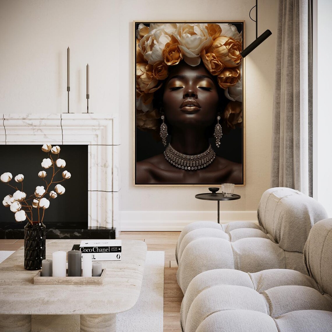 Ivory Gold Floral Crown Woman Portrait Statement Jewelry Art Poster