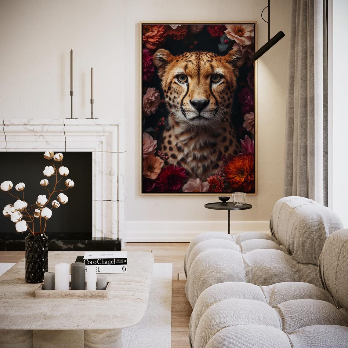 Cheetah Portrait with Dark Floral Background Wall Art Dramatic Big Cat