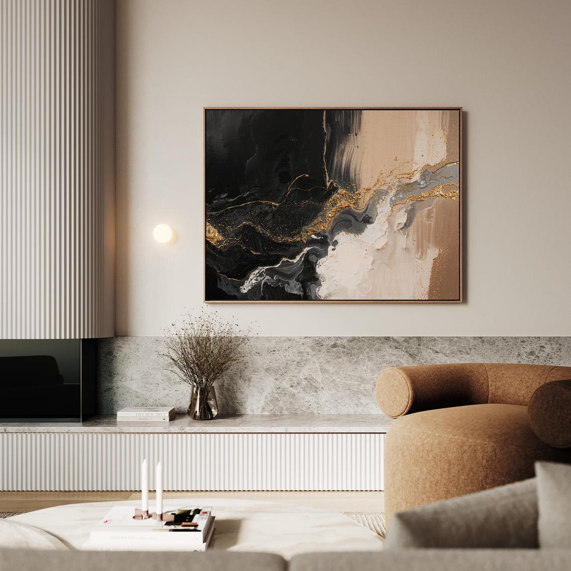Golden Energy Stream Black Beige Abstract Fluid Modern Art Print