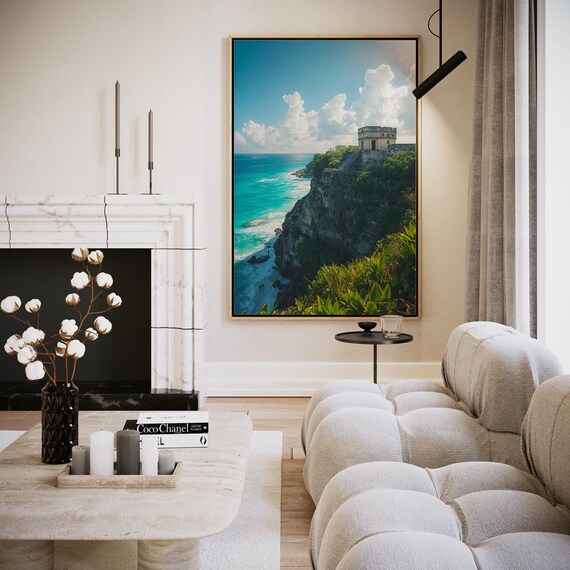 Ancient Mayan Temple Ruins on Cliffs Above Turquoise Sea Wall Art