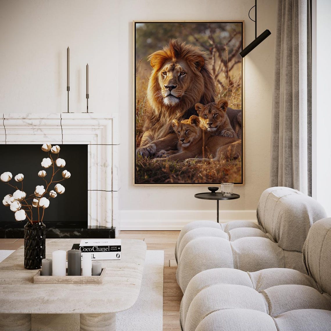Lion Father with Cubs Resting in the Savannah Wildlife Art Print