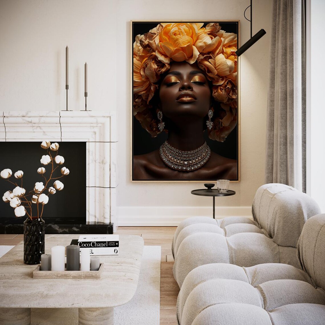 Amber Peony Crown Woman Portrait Gold Jewelry Divine Art Poster