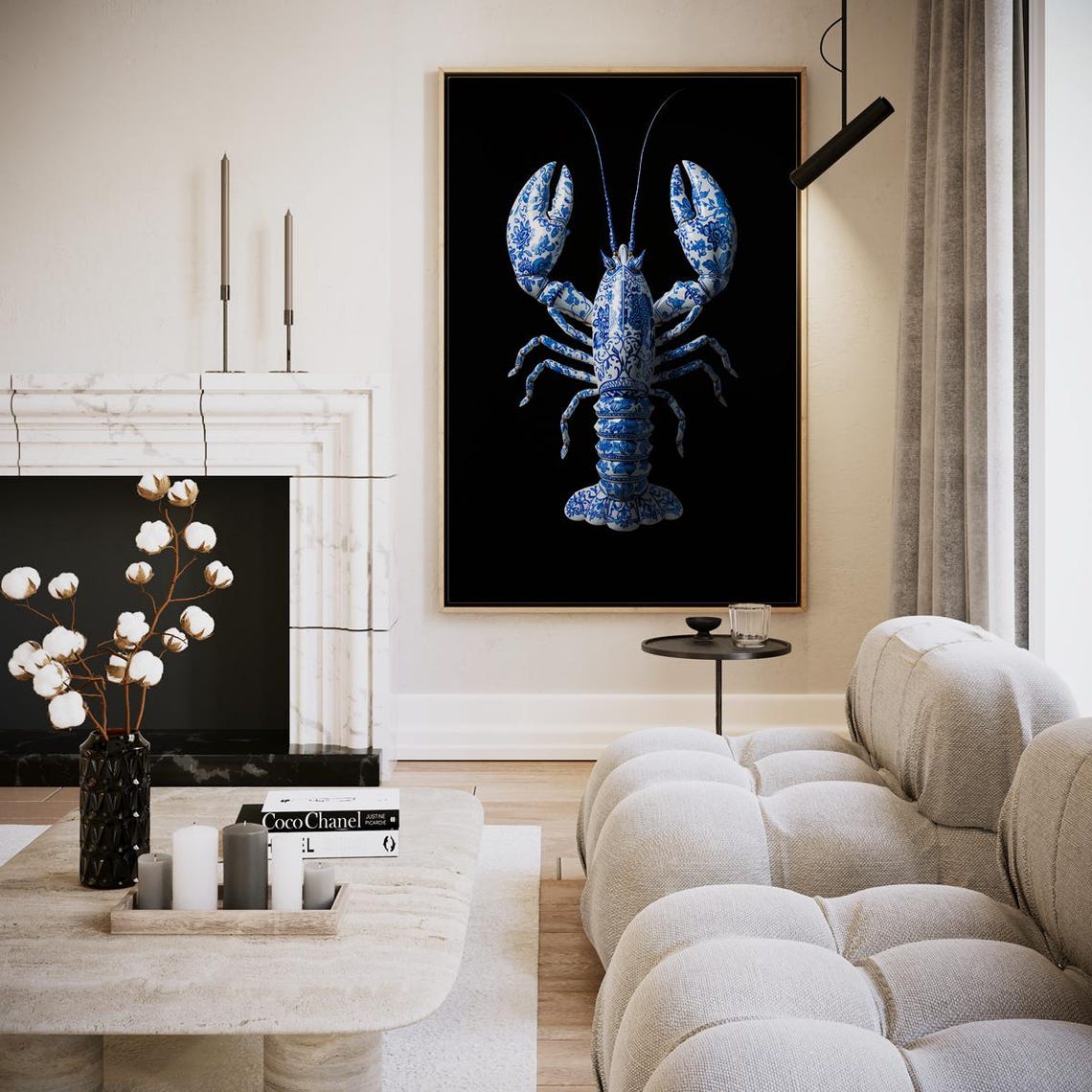 Delft Blue Porcelain Lobster Sculpture on Black Background Art Print