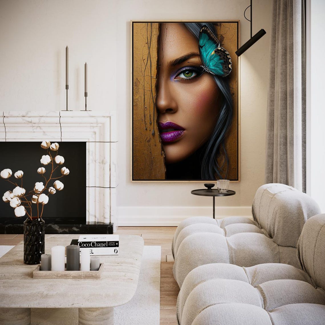 Woman Face Blue Butterfly Cracked Gold Surreal Beauty Wall Art
