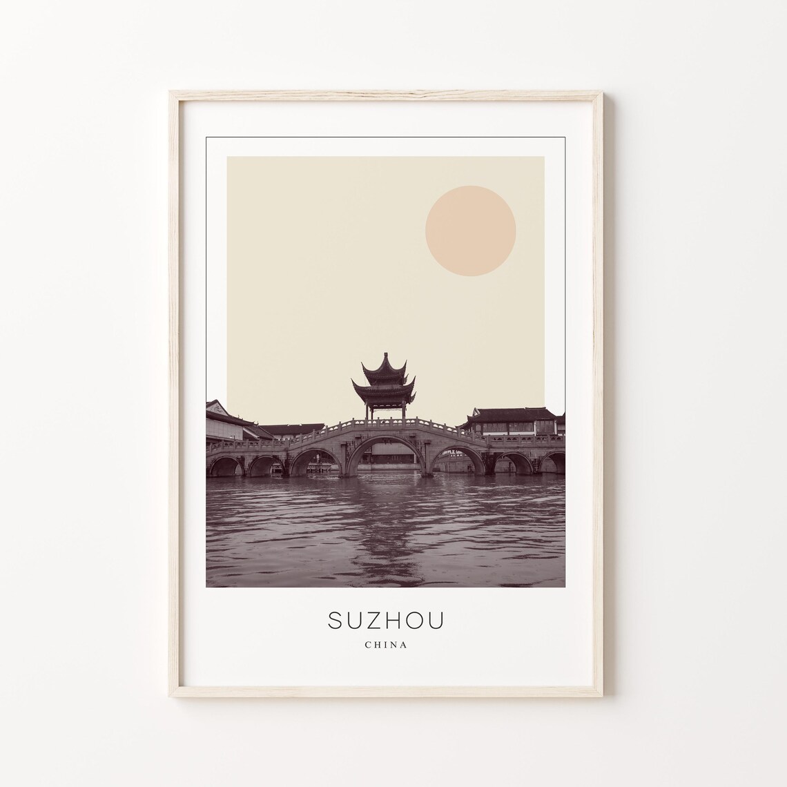 Suzhou China Ancient Stone Bridge Pagoda Minimalist Travel Poster