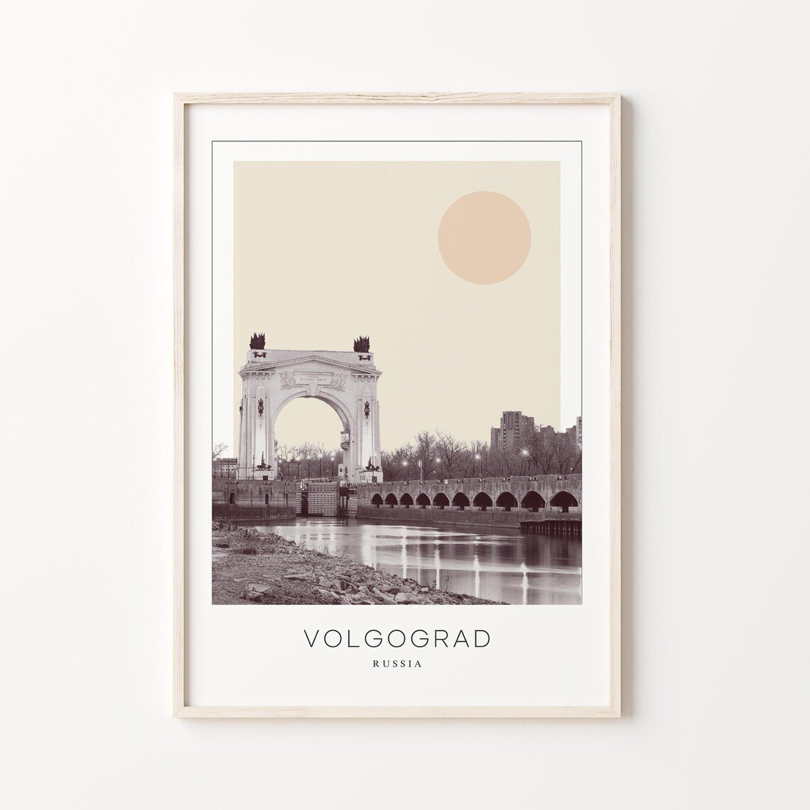 Volgograd Russia River Arch Bridge Minimalist Sun Travel Poster