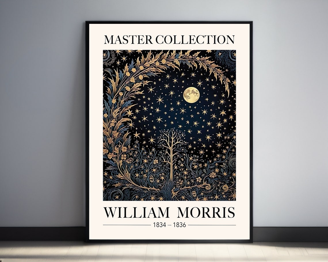 William Morris Starry Night Golden Moon Navy Celestial Art Poster