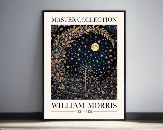 William Morris Full Moon Print Vintage Golden Maximalist Dcor Sun Moon Lover Gift Gothic Academia Celestial Wall Art Night Sky Stars Art