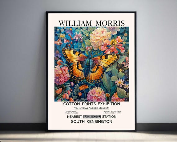 William Morris Butterfly Print Pink Flower Print Vintage Wall Art Antique Botanical Illustration Vibrant Classic Home Decor Art Nouveau Gift