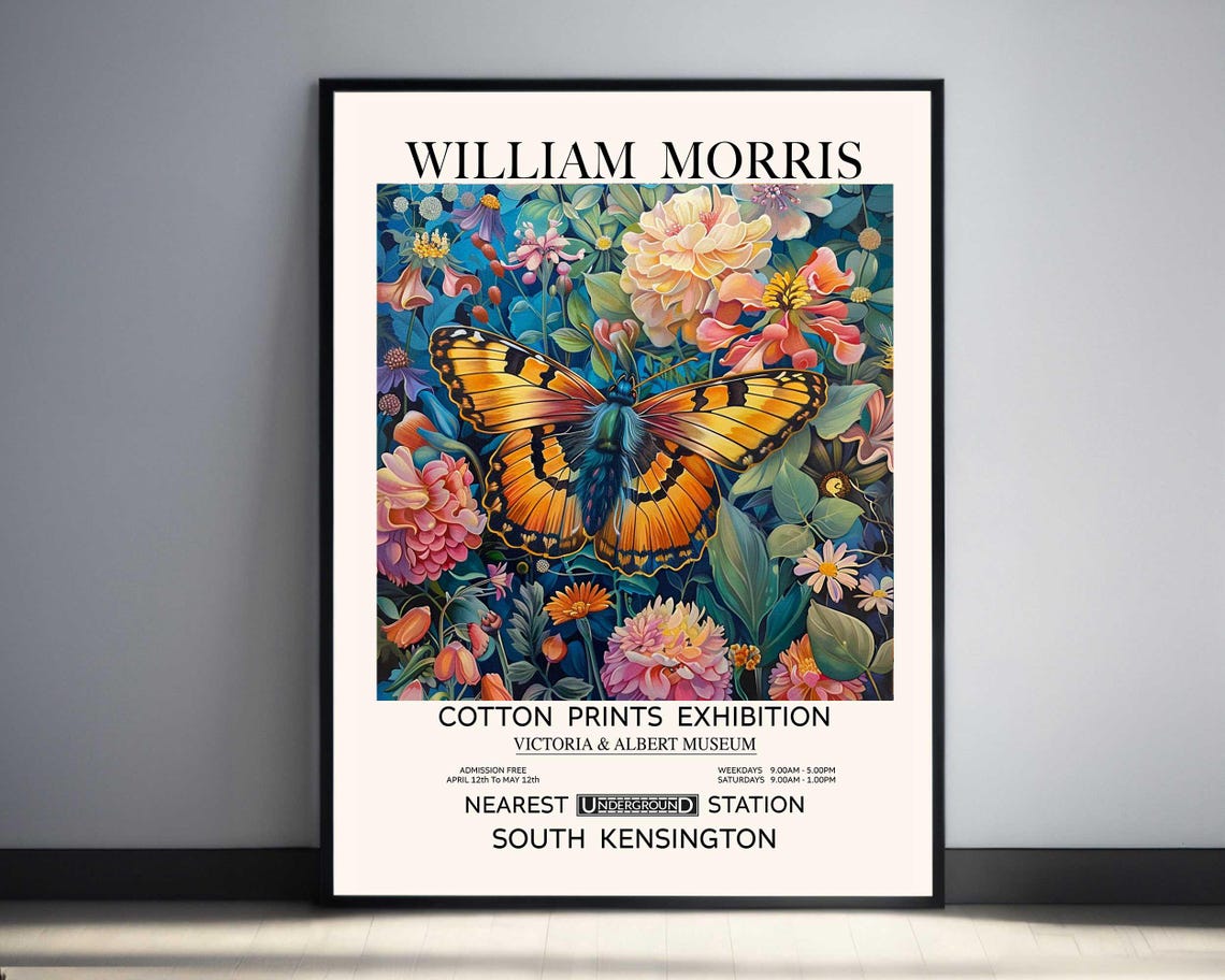 William Morris Butterfly Print Pink Flower Print Vintage Wall Art Antique Botanical Illustration Vibrant Classic Home Decor Art Nouveau Gift