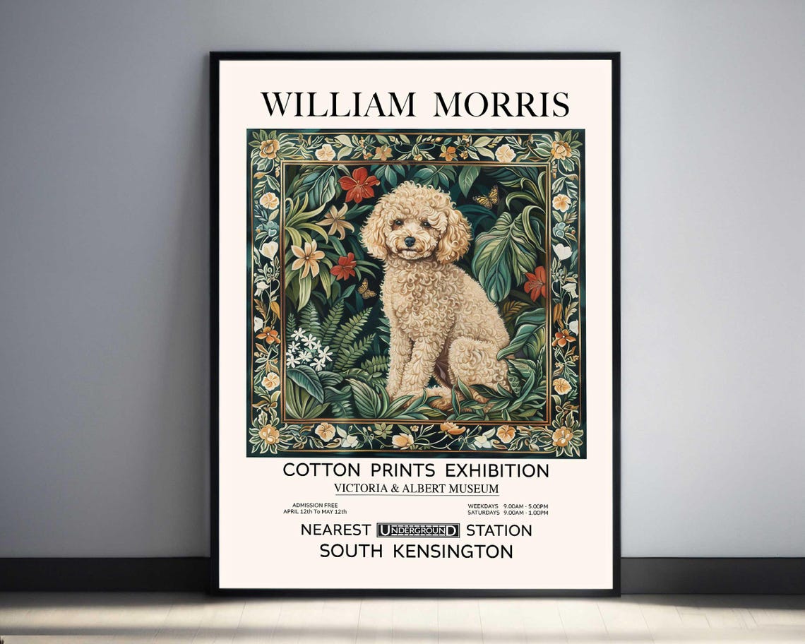 William Morris Cream Poodle Dog Floral Exhibition Vintage Poster