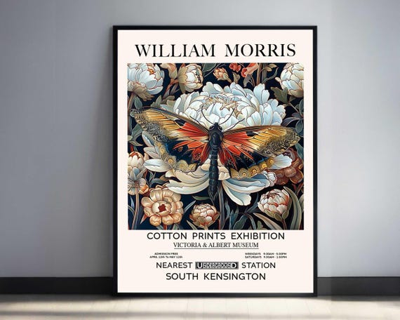 William Morris Butterfly White Flower Print Vintage Wall Art Antique Botanical Illustration Celestial Silver Home Decor Art Nouveau Gift