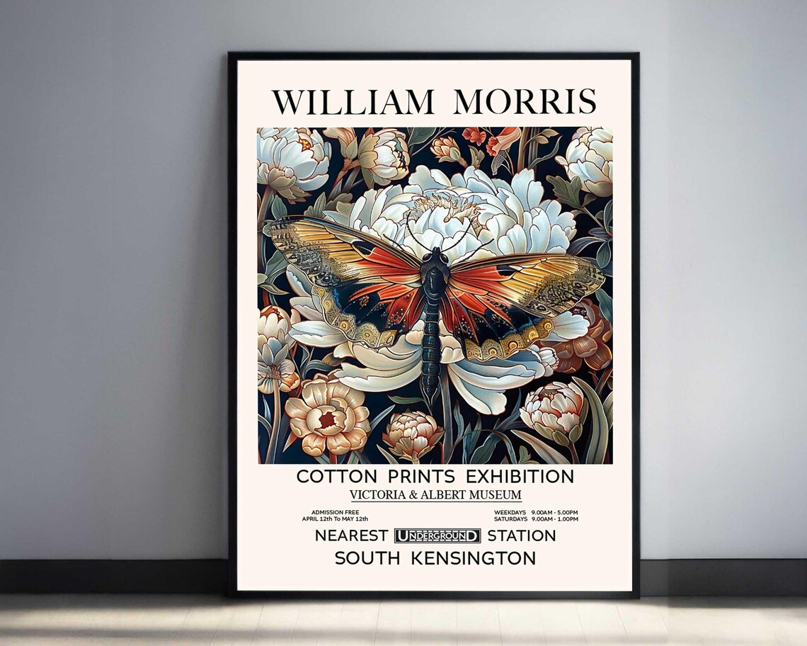 William Morris Moth Over White Peonies Museum Exhibition Poster