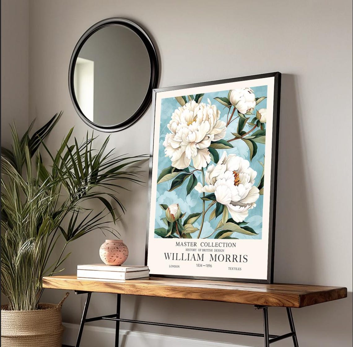 William Morris Lush White Peonies On Soft Sky Blue Floral Poster - Image 2