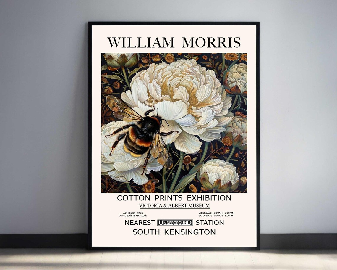 William Morris Bumble Bee and White Flower Vintage Art Print