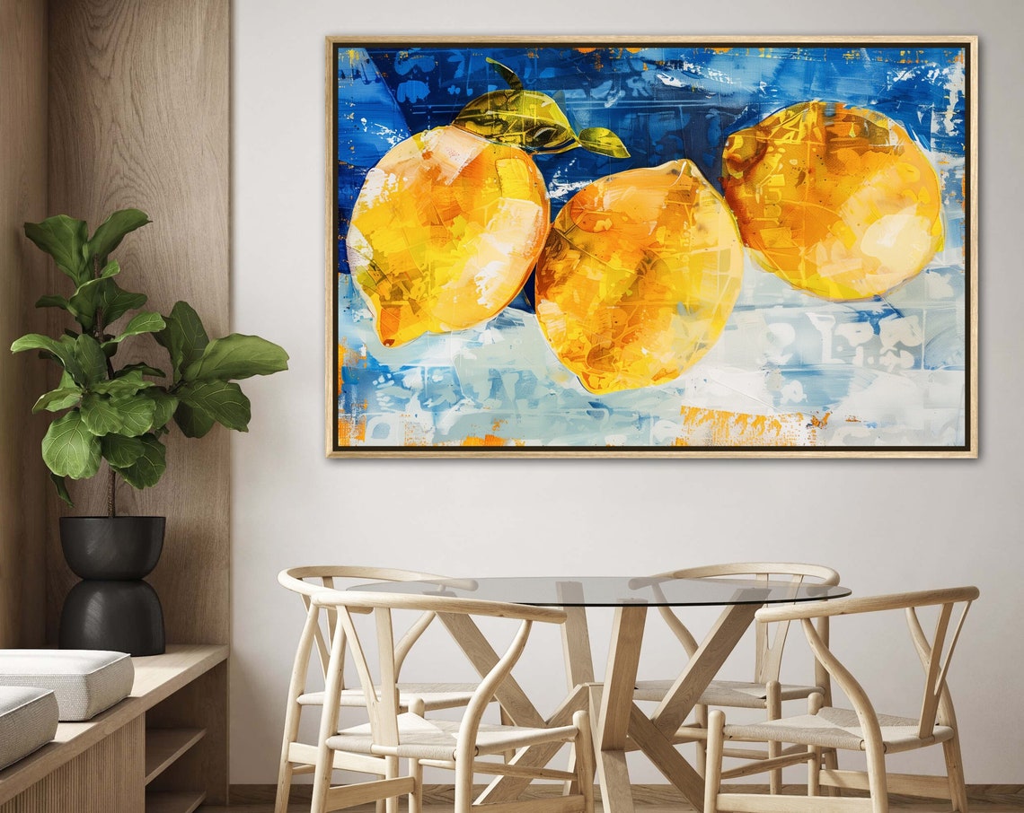 Italian Lemons Fruit Painting On Blue Background Kitchen Art Poster