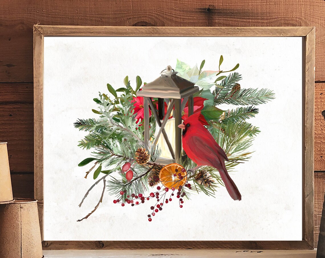 Red Cardinal Lantern Watercolor Christmas Evergreen Berries Poster - Image 3