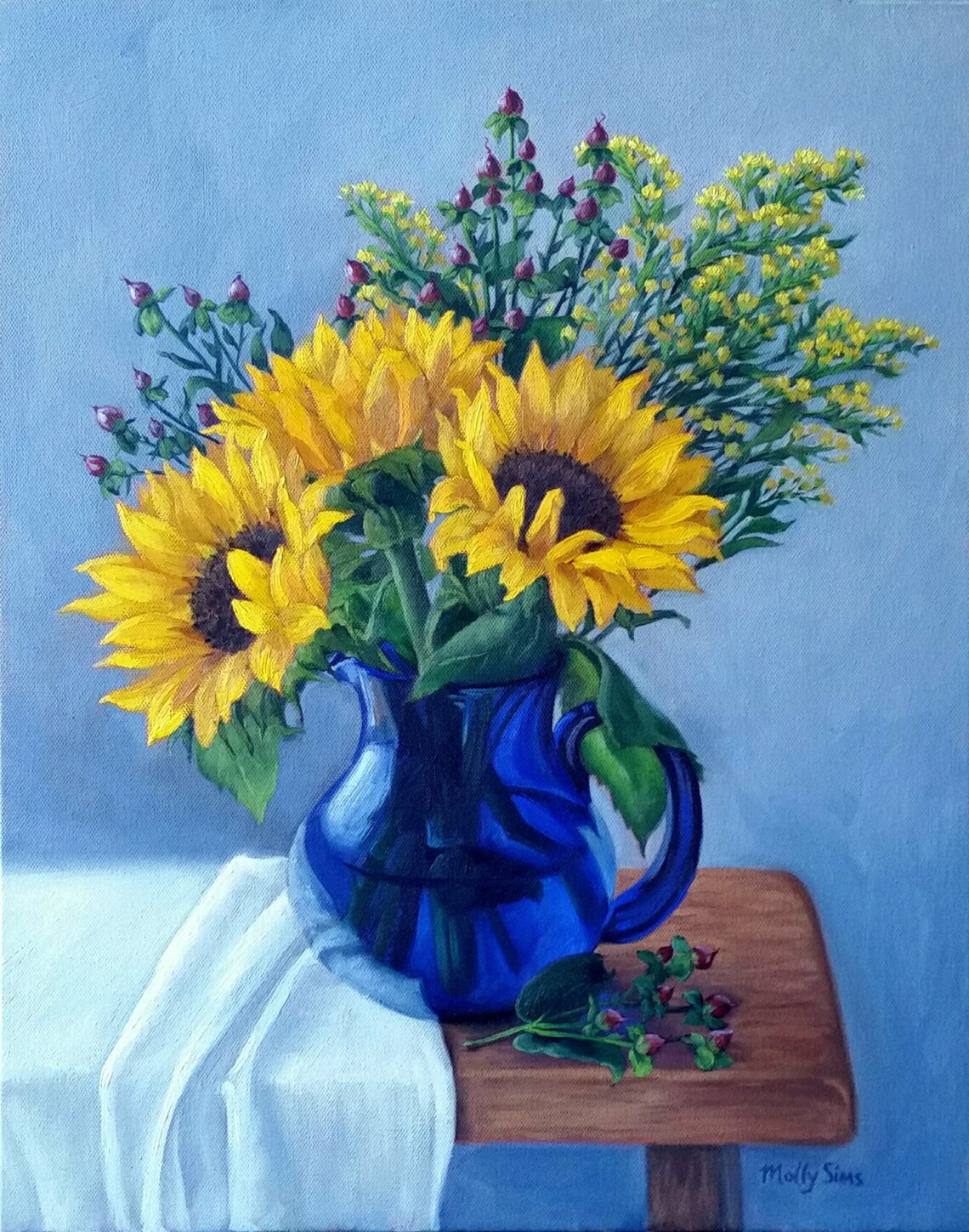 Sunflowers in a Blue Ceramic Pitcher Oil Painting Floral Poster