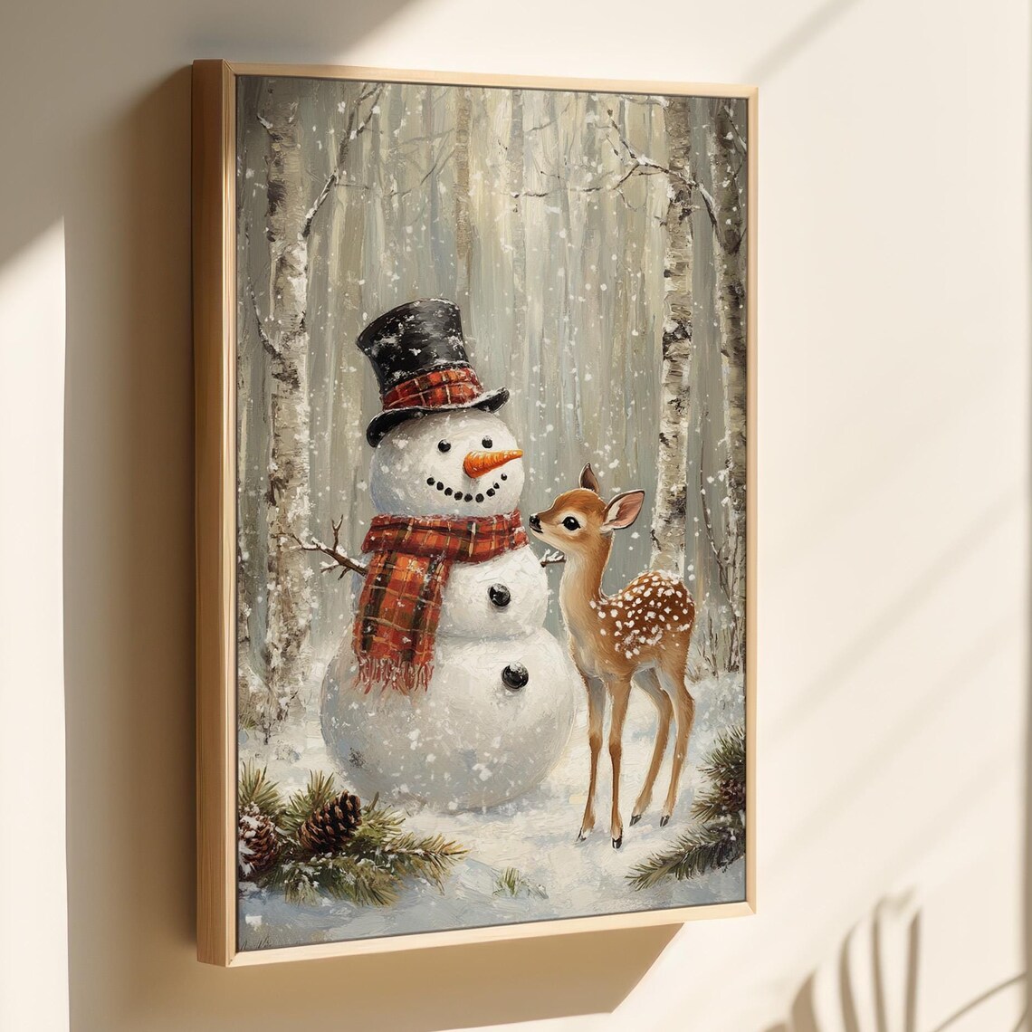 Snowman and Fawn Winter Scene Art Print, Holiday Decor