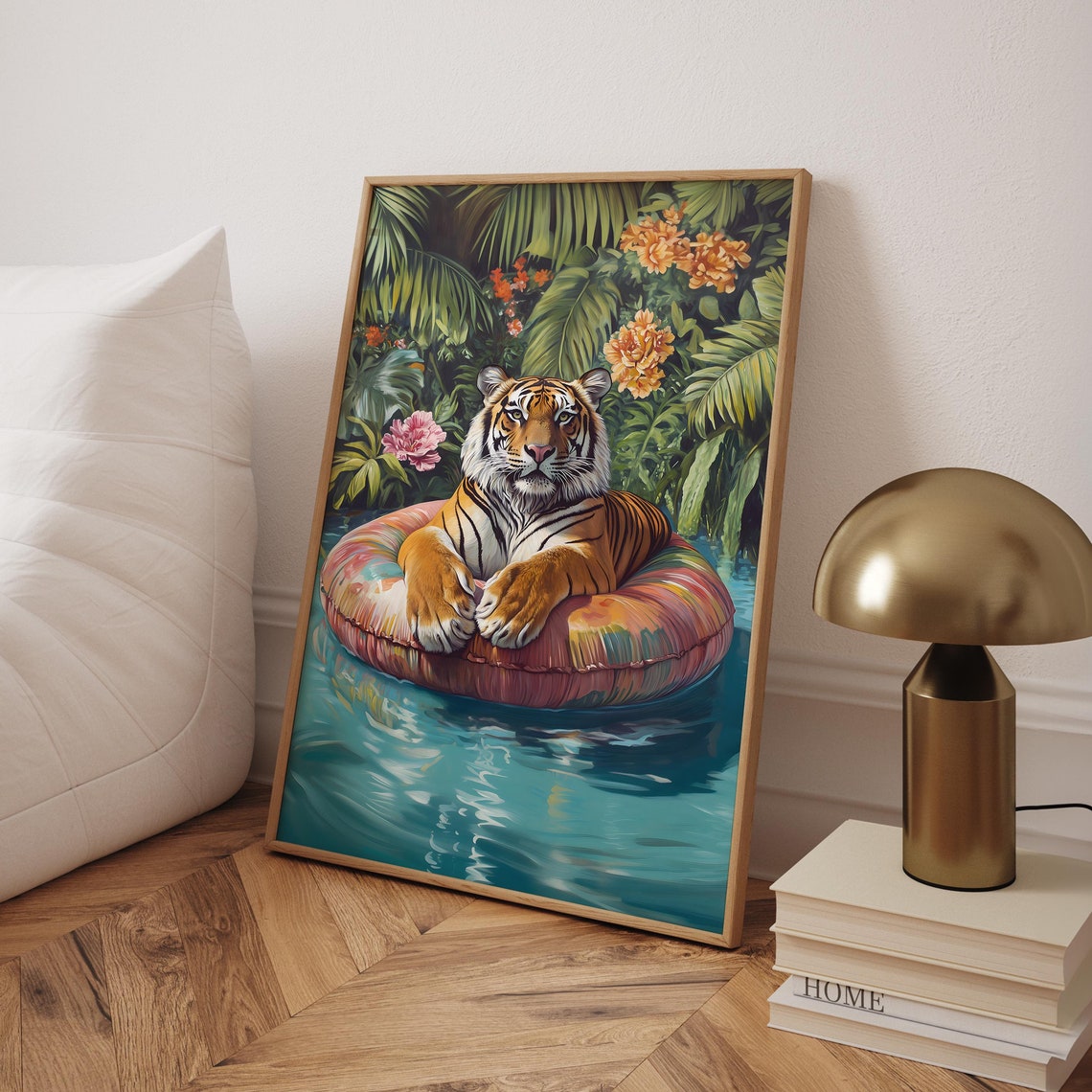 Tiger Floating On A Colorful Pool Float In A Tropical Jungle Poster