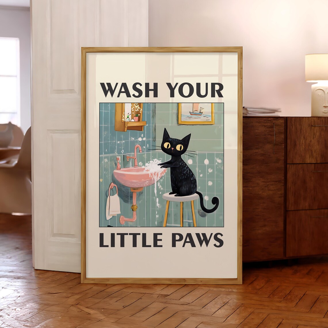 Wash Your Paws Cat Humor Bathroom Art Print