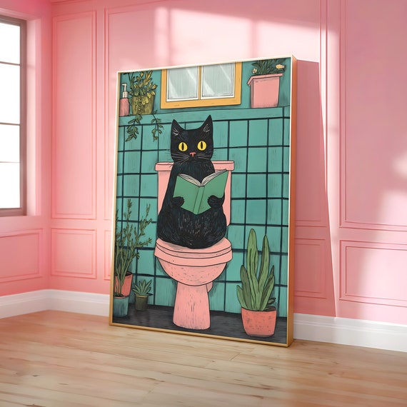 Funny Bathroom Cat Print Black Toilet Wall Art Pink Poster Pooping Lover Gift Optional Frame