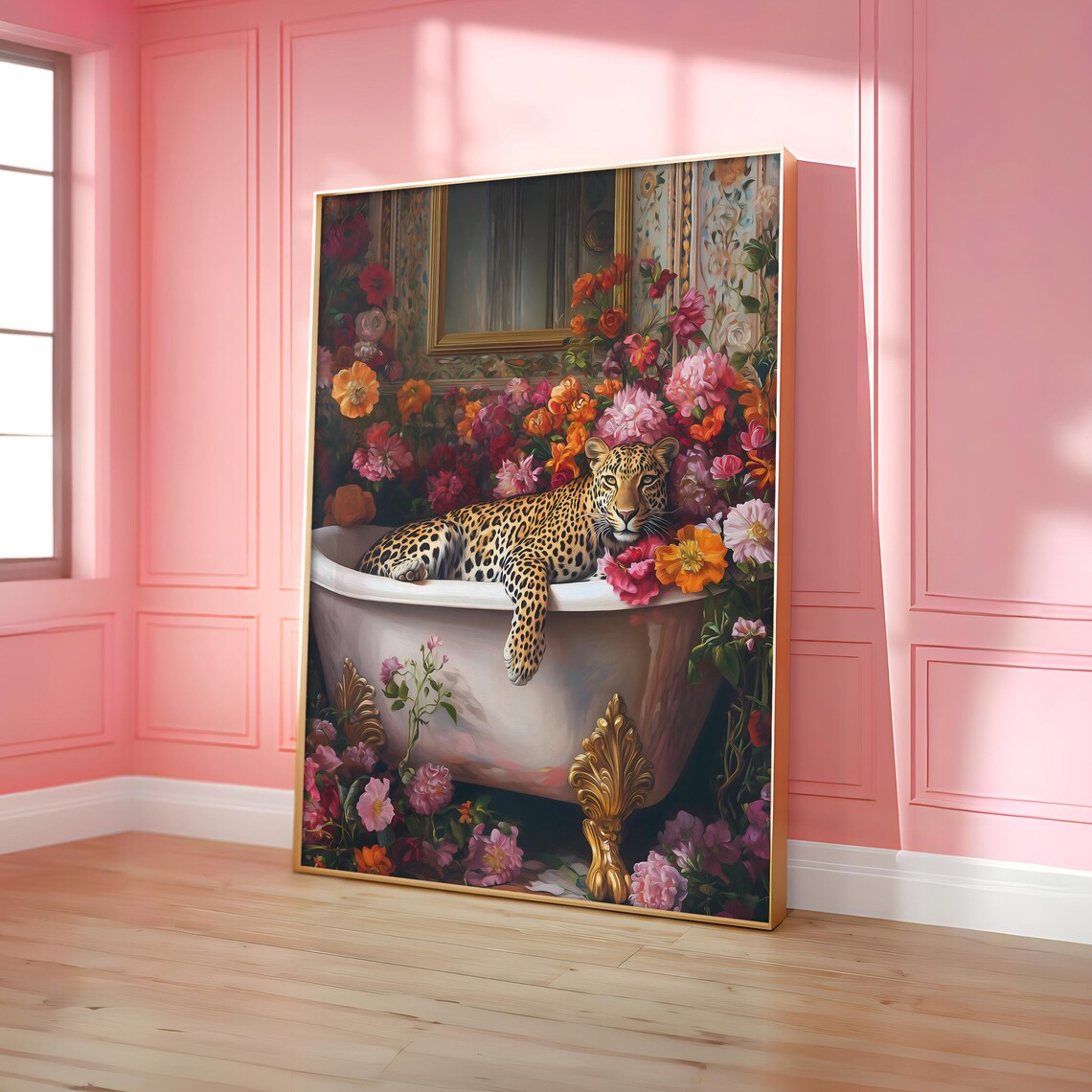 Leopard Floral Bathtub Print, Jungle Bathroom Poster