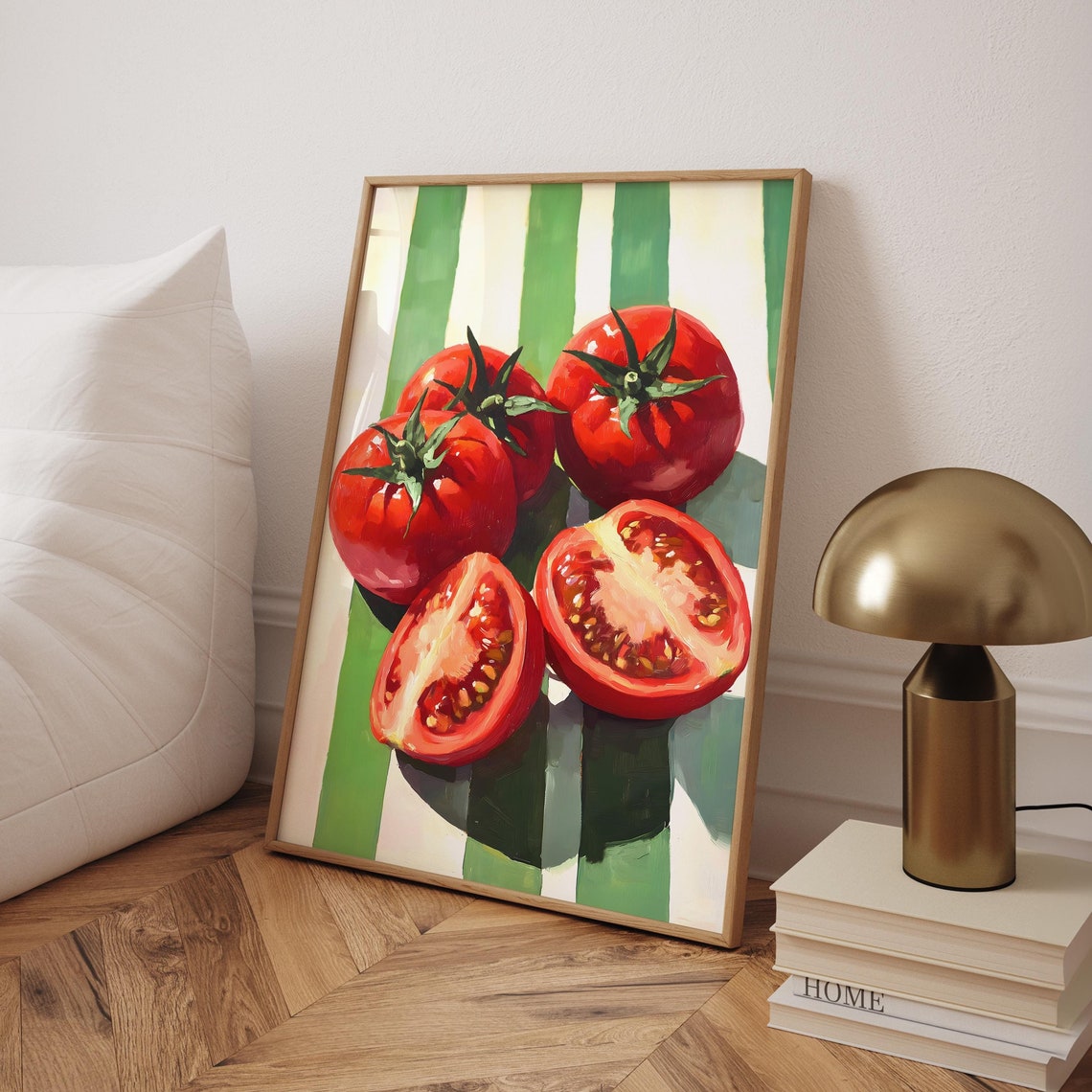 Vine Ripe Tomatoes On Green Striped Background Kitchen Food Poster