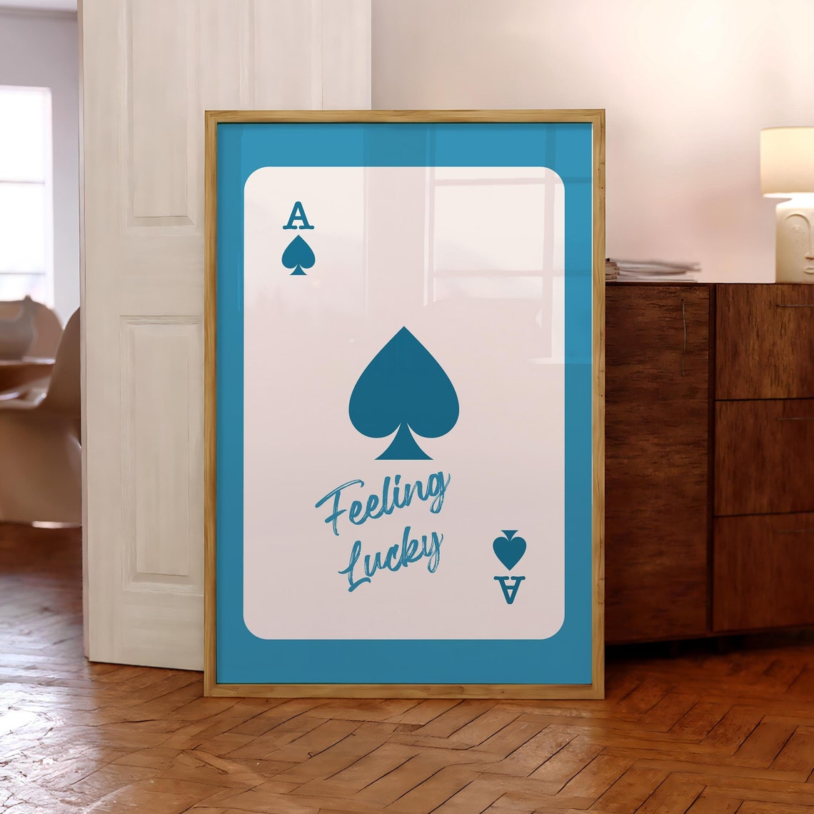 Bright Teal Blue Ace Of Spades Playing Card Feeling Lucky Poster