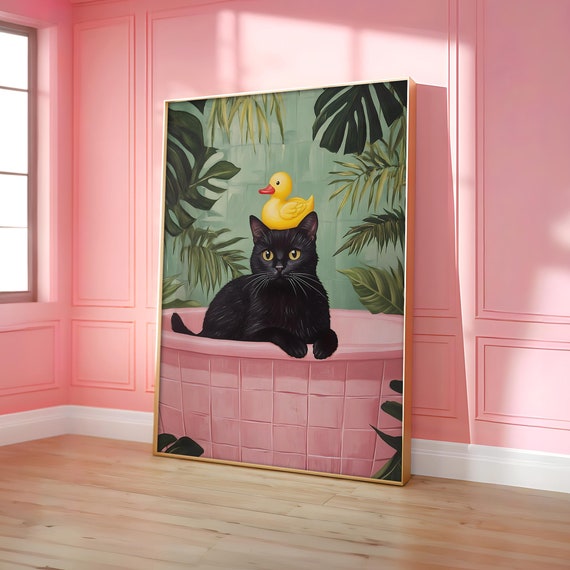 Funny Black Cat Rubber Duck Poster In Bathtub Print Jungle Wall Art Pink Bathroom Prints Animal File